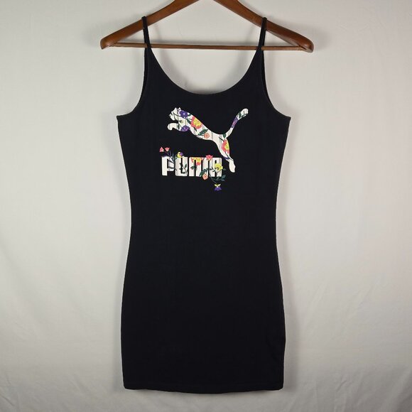 PUMA Women’s Black Bodycon Logo Mini Dress Size M Floral Graphic Y2K Streetwear - Picture 1 of 7